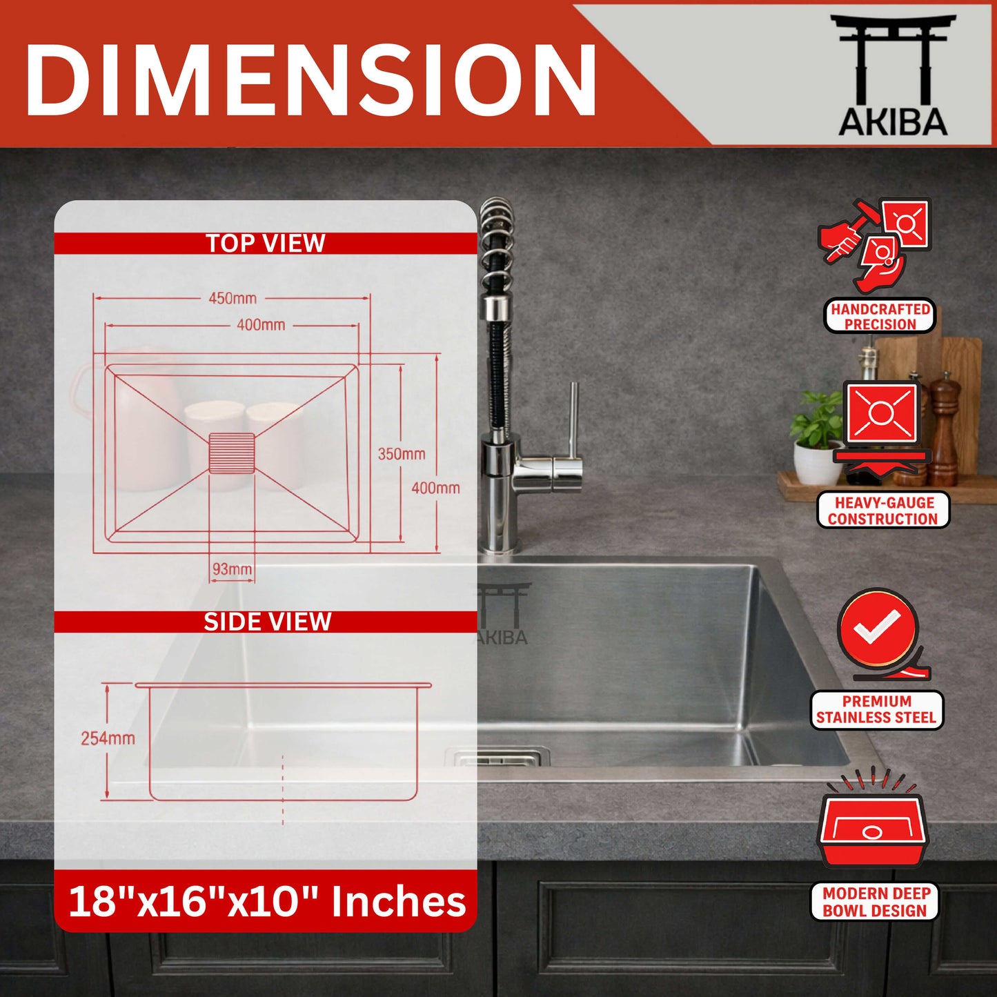 Akiba Handmade Kitchen Sink 18x16