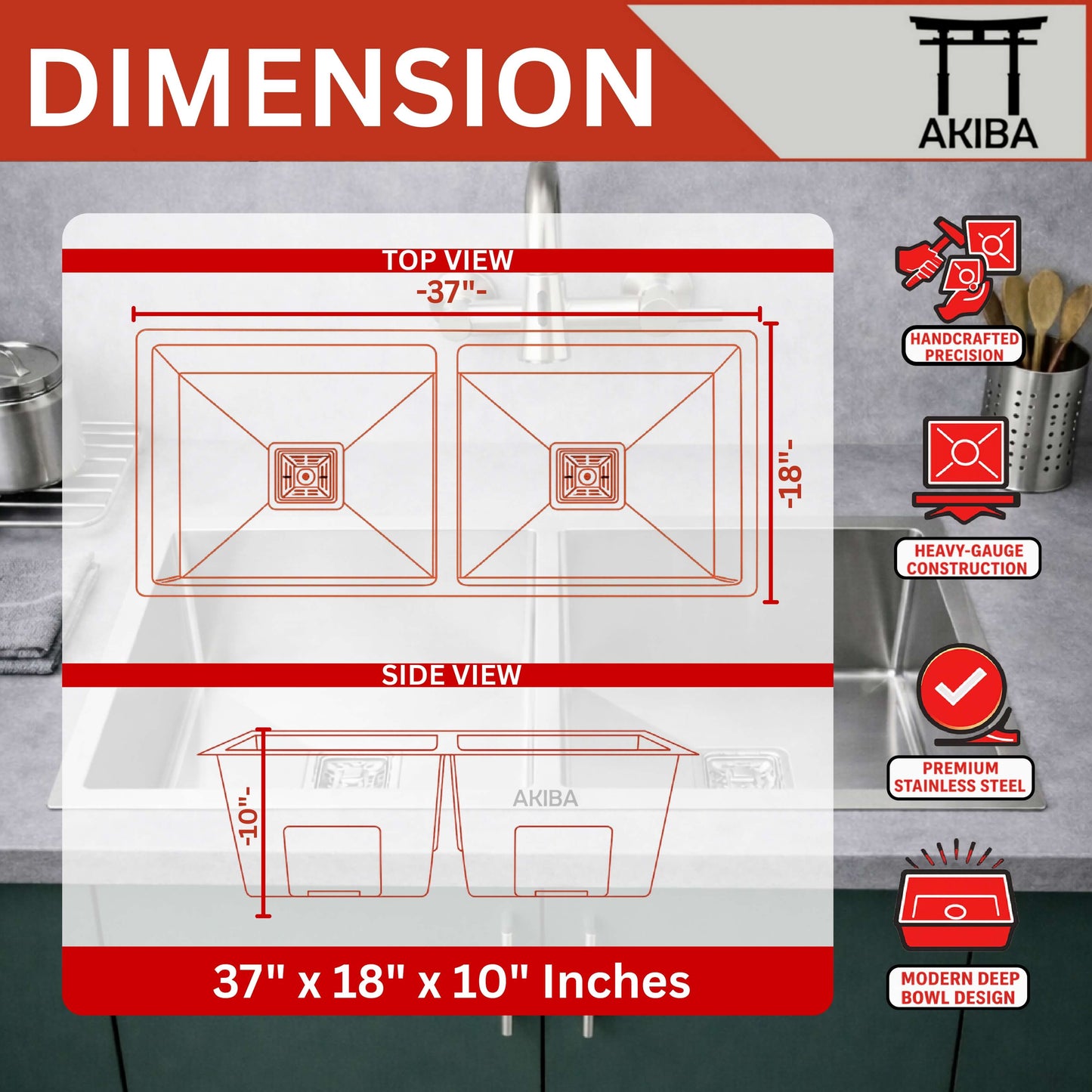 Akiba 37x18 Handmade Double Bowl Sink