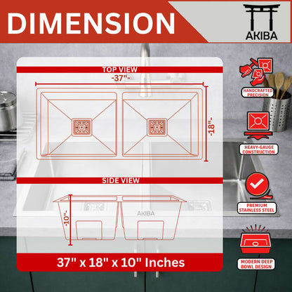 Akiba 37x18 Handmade Double Bowl Sink
