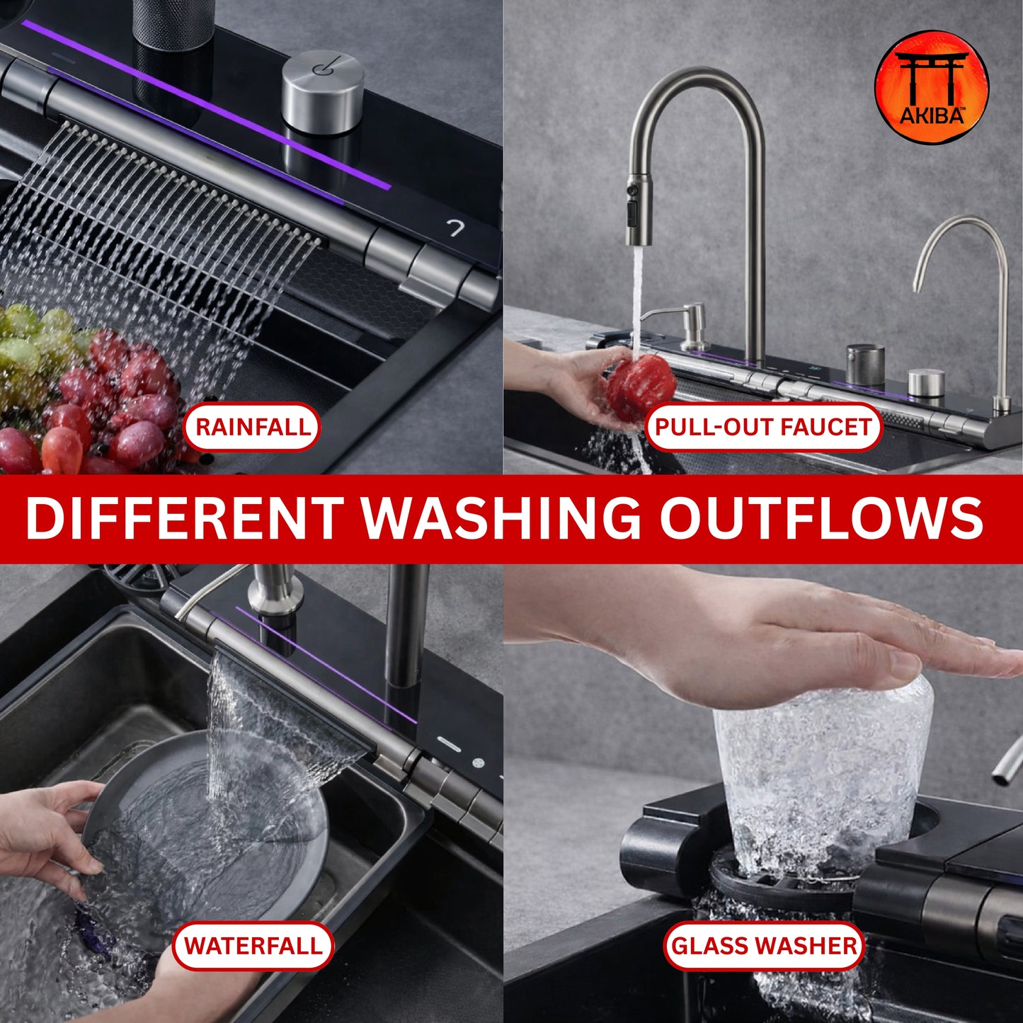 Piano Sink with waterfall, glass washer, pull out faucet, rainfall and RO Tap