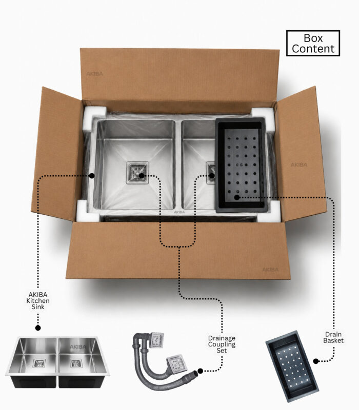 Akiba handmade double bowl kitchen sink 37x18 safely packed in a box with premium installation accessories.