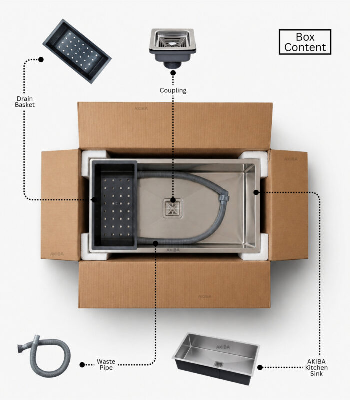 handmade kitchen sink in a cardboard box showing included accessories like colander, cutting board, and drainage kit.